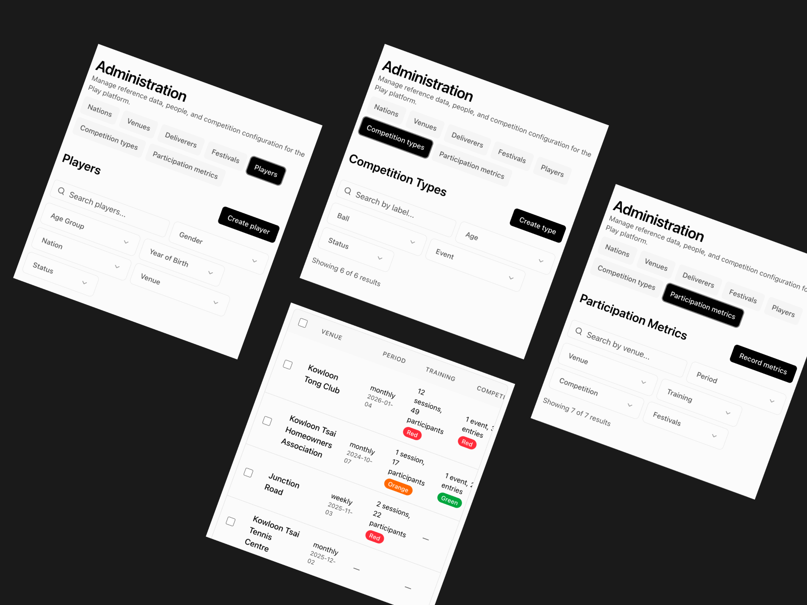 Play marketing collage showing administration and participation tracking screens