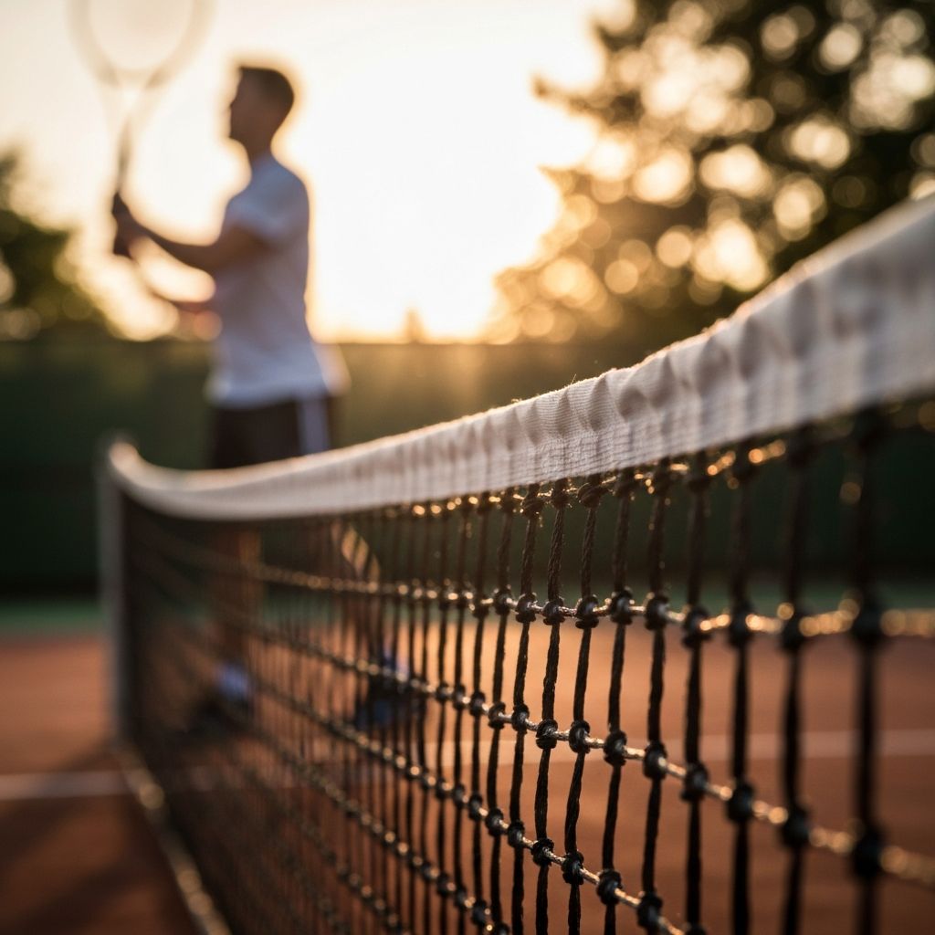 Tennis net with player in golden light